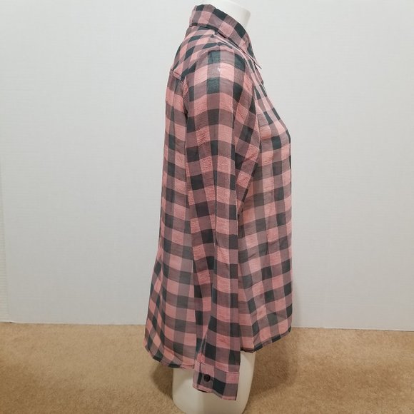 Faded Glory top Small 4/6 plaid sheer hi low chiffon button up down pocket check - Picture 4 of 16
